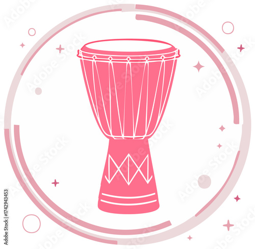 African Djembe Drum Silhouette with Pink Geometric Pattern and Circular Accents