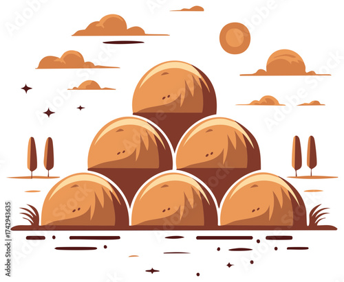 Hay bales stack in a stylized landscape with sky and trees vector