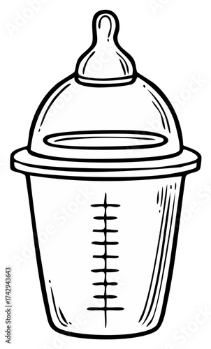 Baby feeding bottle drawing with nipple, measurement markings
