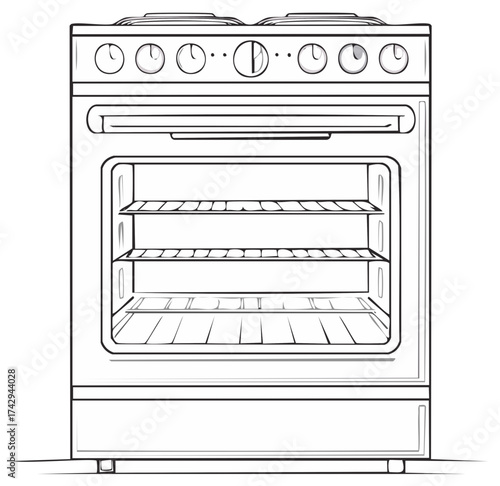 Freestanding electric stove with open oven door vector line art illustration