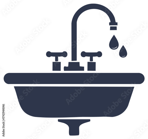 Dark Navy Bathroom Sink with Faucet and Dropping Water, Plumbing Fixture Still Life