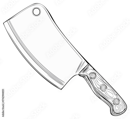 Detailed Black and White Illustration of a Wood Handled Meat Cleaver Kitchen Utensil