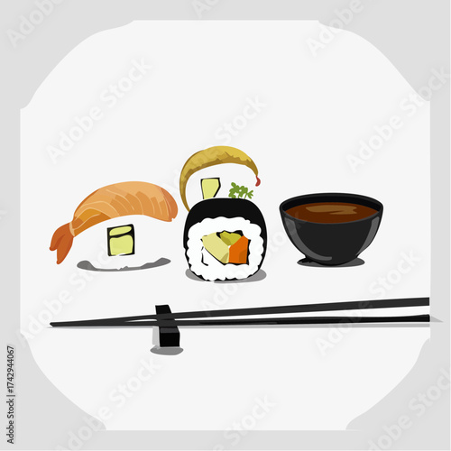 Illustration of sushi rolls, chopsticks, and miso soup on a white background with a minimalist style.