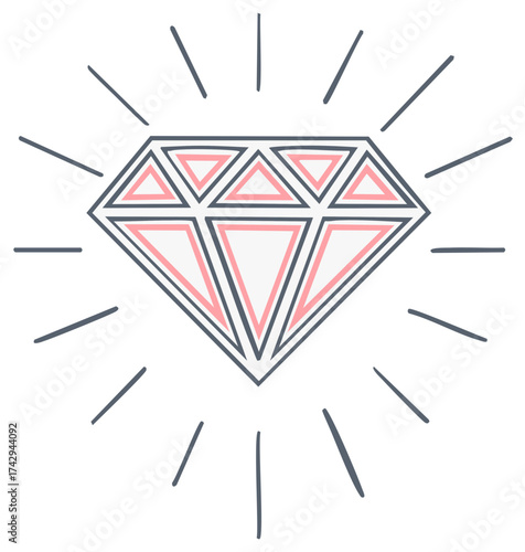 Stylized Diamond Drawing with Pink Highlights Radiating Light with Decorative Jewel