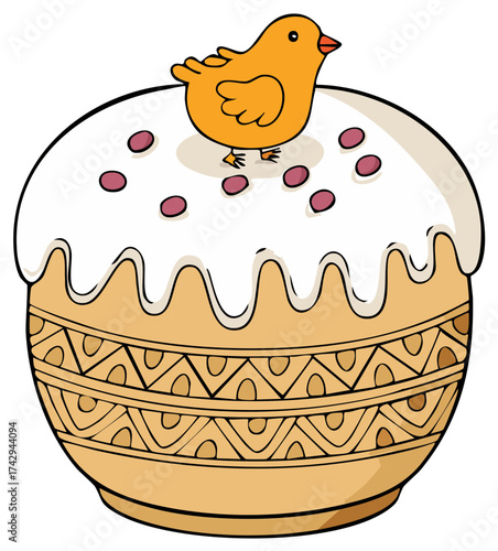 Festive Easter cake with a cute yellow chick white icing and decorative folk patterns