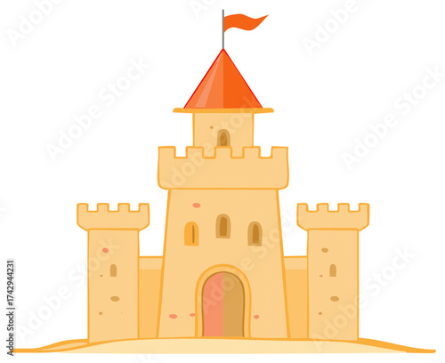 Stylized Sandcastle Illustration with Orange Flag and Tower, Beach Holiday Symbol