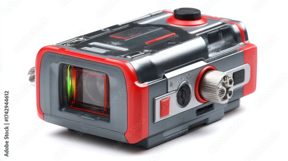 Fototapeta premium a red and grey professional video camera. it appears to be a high end device with various control knobs and dials visible on its body