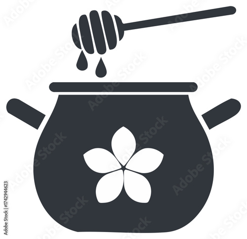 Minimalist Vector Honey Pot Jar with Floral Design and Dripping Honey Dipper Symbol