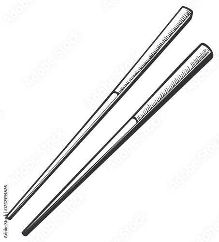 Vintage monochrome illustration of a pair of traditional wooden chopsticks for Asian cuisine