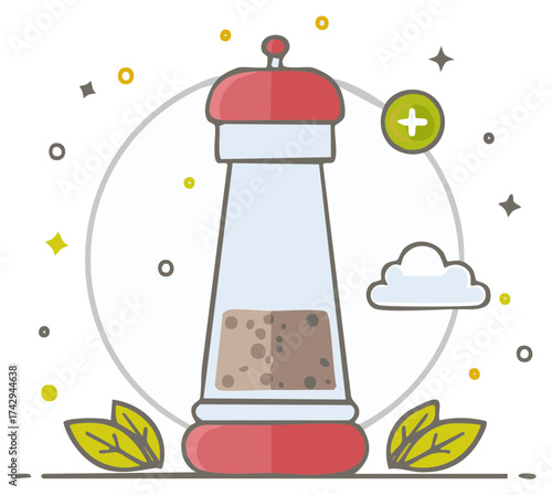 Stylized pepper grinder with peppercorns and decorative elements