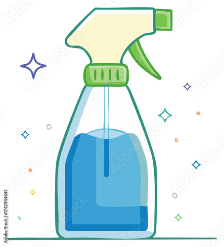 Vibrant green and blue spray bottle illustration with sparkling clean effect for household tasks