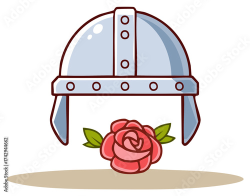 Cartoon illustration of a silver medieval helmet hovering above a delicate pink rose, symbolizing contrast and peace.