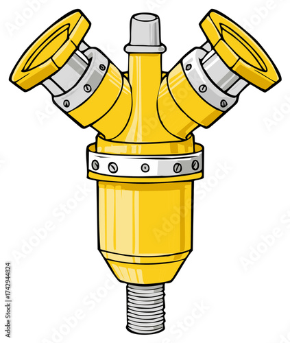 Yellow industrial valve with three outlets and handwheels for water or gas control