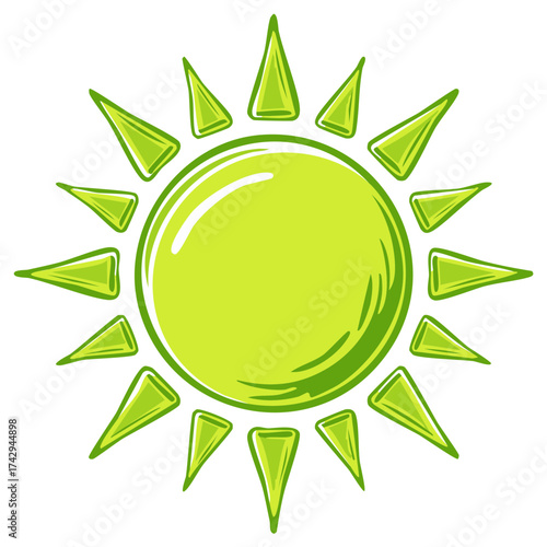 Cartoon style bright green sun graphic icon for environmental and renewable energy concepts