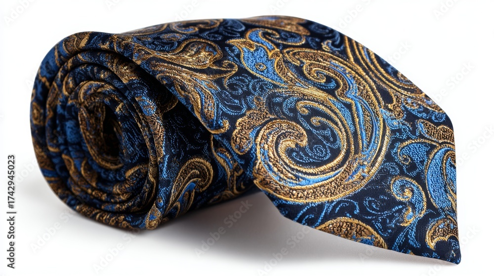 Obraz premium a blue paisley pattern tie accompanied by a matching scarf or pocket square