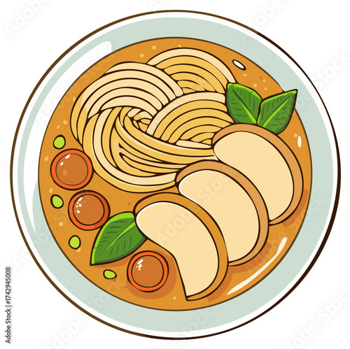 Delicious bowl of Asian chicken noodle soup with fresh basil cartoon illustration top view
