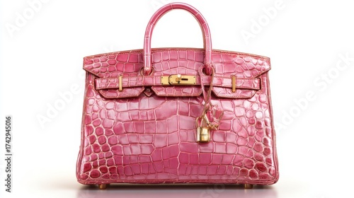 a vibrant pink crocodile skin handbag with a gold buckle, placed against a plain background