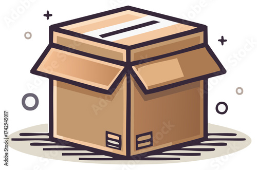 Open Cardboard Box Package Illustration in Brown and Black Cartoon Style