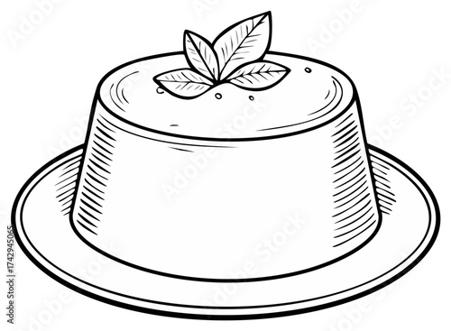 Sketch of a round dessert on a plate with mint leaves garnish
