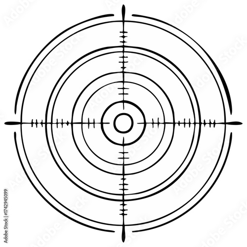 Rifle scope reticle with crosshairs and bullseye for aiming and targeting