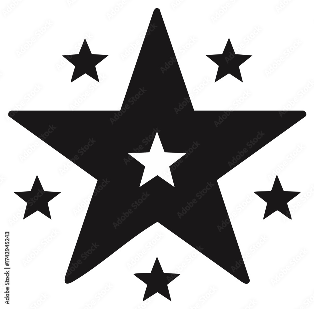 Obraz premium Bold Graphic Star Design with Central Black Star, Inner White Star, and Surrounding Black Stars