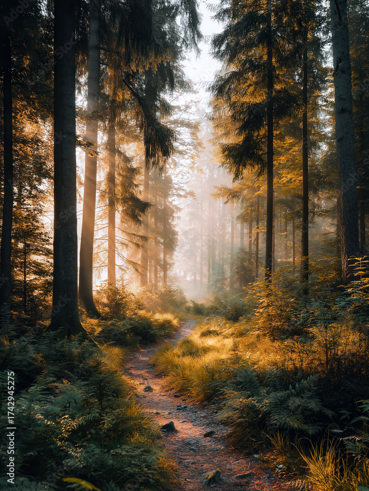 Fototapeta premium Soft morning light filters through the tall trees, illuminating a serene forest path lined with ferns in autumn hues