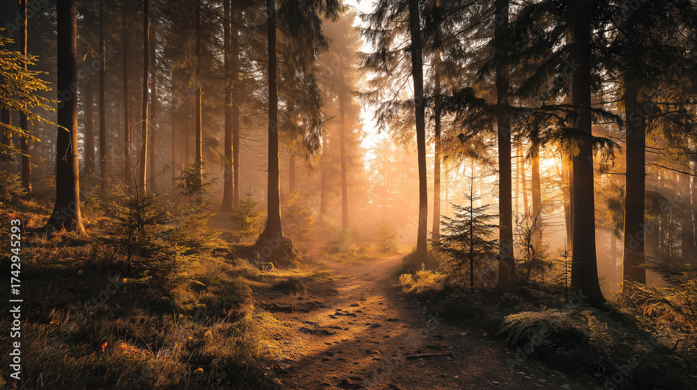 Fototapeta premium Golden sunlight filters through tall trees in a tranquil forest, creating a serene path at dawn with mist rising from the ground