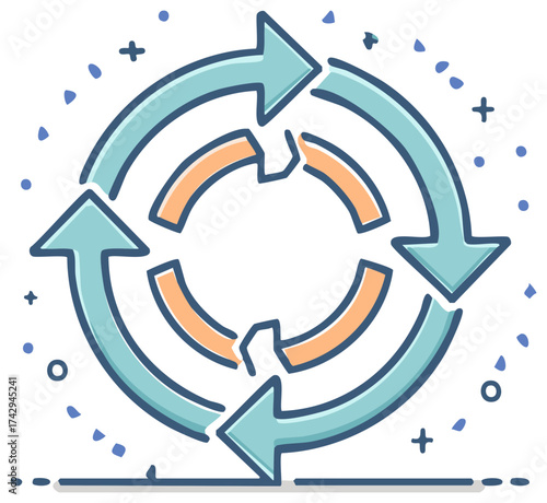 Circular arrow diagram illustrating continuous process and repetition with segmented elements and decorative dots