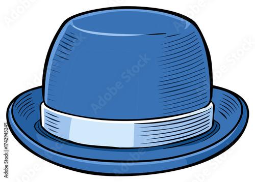 Classic Blue Bowler Hat Illustration Featuring a Light Blue Band and Elegant Design