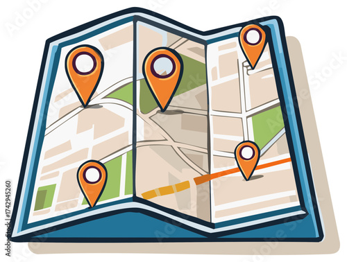 Cartoon city map illustration depicting marked locations destinations and planning navigation