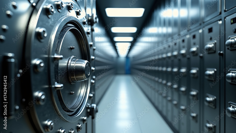 Fototapeta premium Vault corridor glows with precision—sterile, secure, and quietly imposing in high-value containment architecture. 