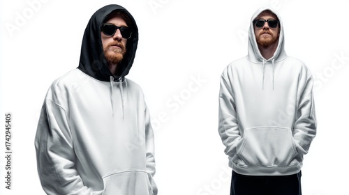 two individuals dressed in hooded sweatshirts standing side by side against a plain background. one person is positioned on the left and the other on the right