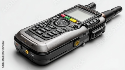 a modern walkie talkie radio device, predominantly black and silver, with a digital display screen, positioned on a surface that appears to be a light colored table or countertop