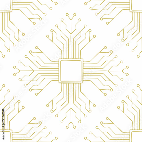 Abstract Golden Circuit Board Pattern on White Background, Technological Microchip Design
