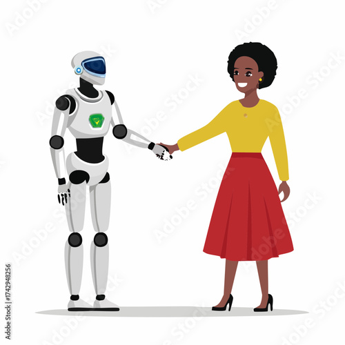 Illustrative representation of a humanoid robot and a woman engaging in a handshake, symbolizing advanced technological collaboration and artificial intelligence integration in a modern context