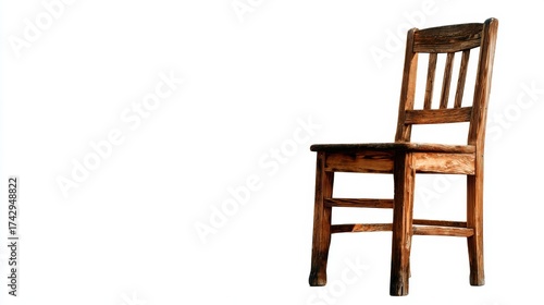 a solitary wooden chair with a high backrest stands in an empty space, set against a plain background