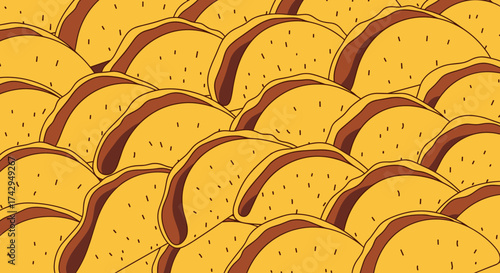 A close up illustration of many tacos arranged in a pattern.