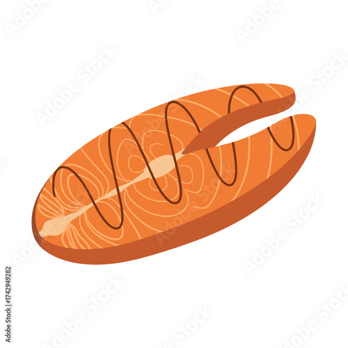 A delicious grilled salmon steak with grill marks and seasoning.