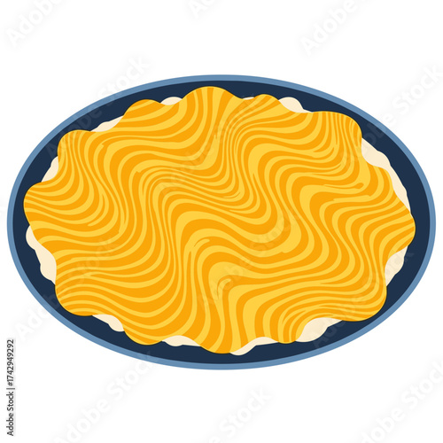 A delicious baked casserole with a wavy cheese topping served on a blue platter.