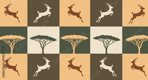 African wildlife pattern with jumping antelopes and acacia trees.