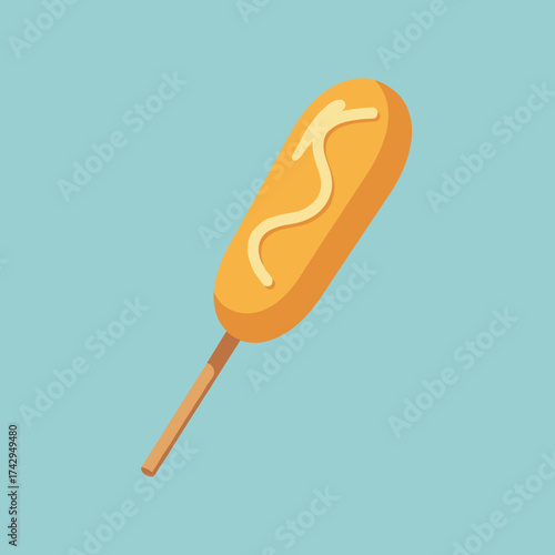 Classic American corn dog on a stick with mustard.