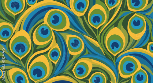 Colorful peacock feather pattern with vibrant hues and intricate details.