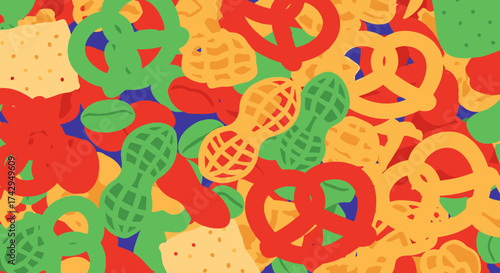 Colorful Snack Mix Pretzels Peanuts and Crackers.