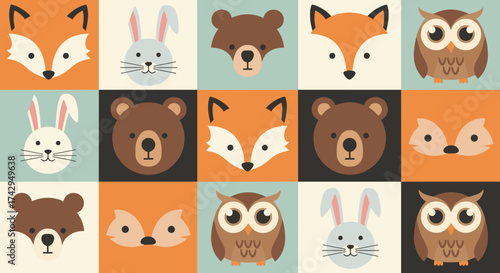 Cute Woodland Animal Faces in a Seamless Pattern.