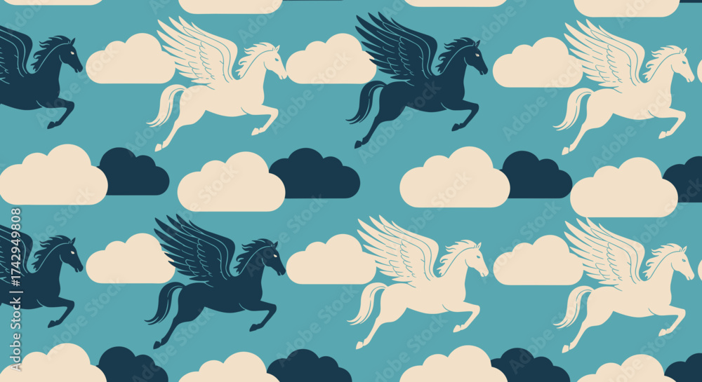 Naklejka premium Flying pegasus horses with wings in the sky among the clouds seamless pattern.
