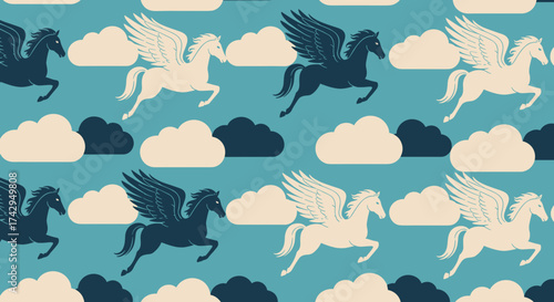 Flying pegasus horses with wings in the sky among the clouds seamless pattern.