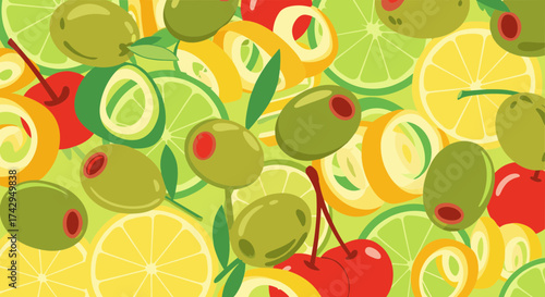 Fresh Olives and Cherries with Citrus Slices Background.