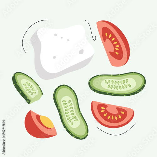 Fresh Salad Ingredients with Feta Cheese Illustration.