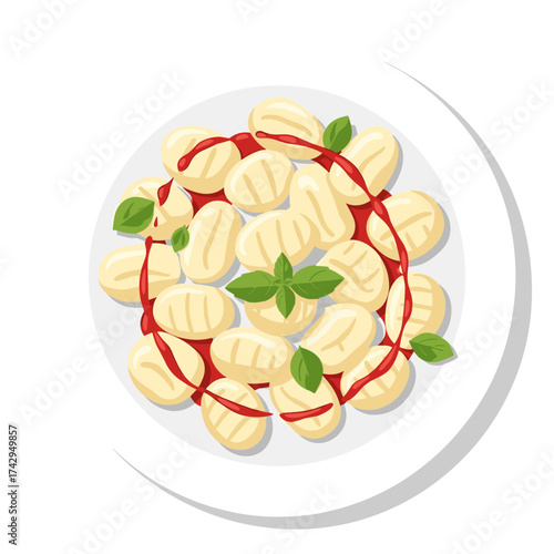 Gnocchi with Tomato Sauce and Basil on a White Plate.
