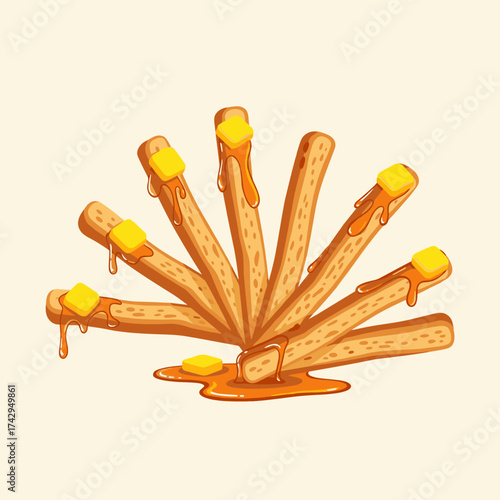 Golden brown breadsticks arranged in a fan with dripping butter.